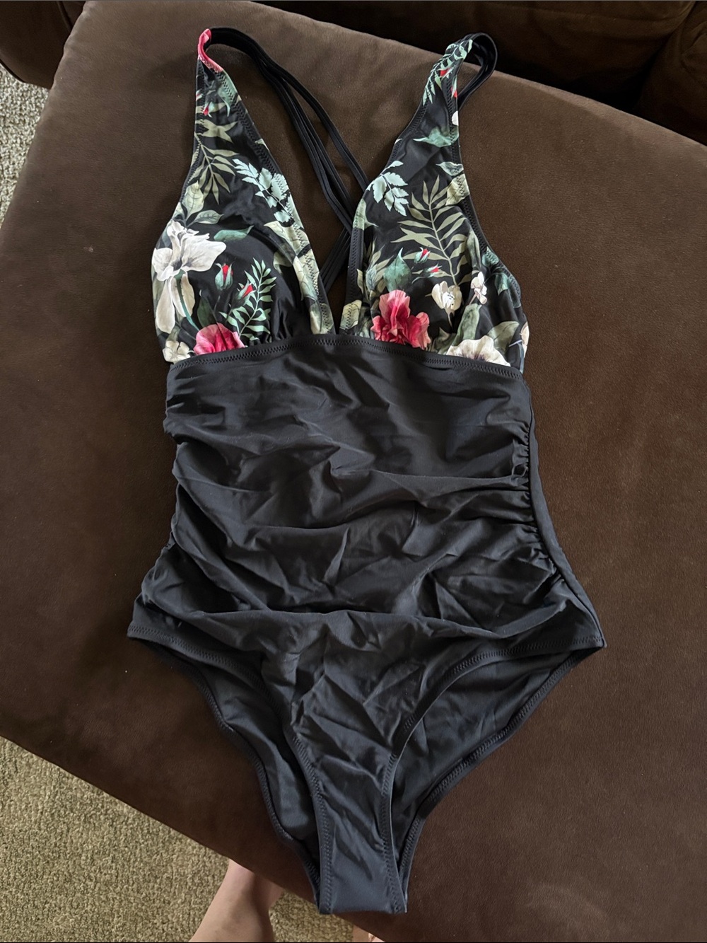 Cupshe Black One-Piece Swimsuit with Green Floral Accents